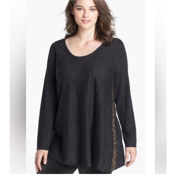 Eileen Fisher Sequin Side Boxy Relaxed Gray Crewneck Sweater Size Small Merino ? - Picture 1 of 10